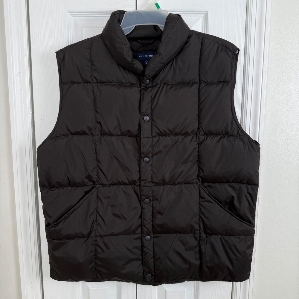 Lands End Mens Down Puffer Vest Brown Large 42-44 Quilted Snap‎ Front Mock Neck